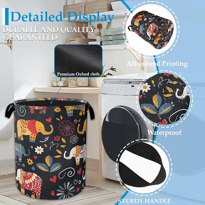 Boho Elephant Laundry Basket Collapsible Laundry Hamper Clothes Storage Bin for Bathroom Bedroom Room Decor 16" X 20.8"
