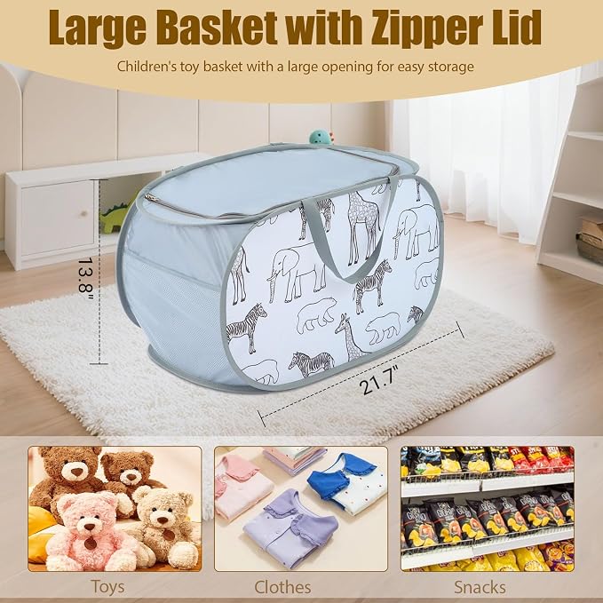 Foldable Toy Storage Basket with Zipper Lid & Handles- Animal Print, Gray | Collapsible Stuffed Animal Organizer Bin, Lightweight Toy Chest, Space-Saving, Sturdy, for Kids Room, Playroom, Living Room