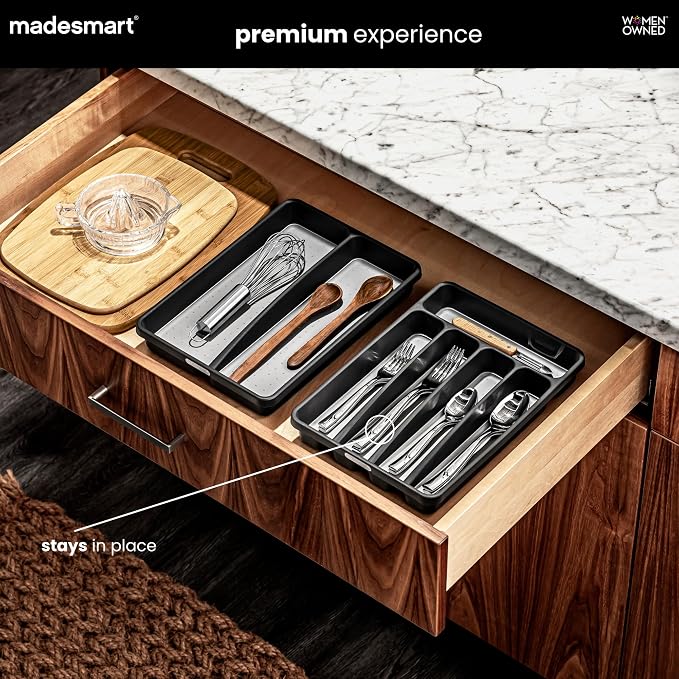 madesmart Small Silverware Tray, 5 Compartment Flatware Organizer for Forks, Knives & Spoons, Non Slip, Soft Grip Lining, Fits Small Drawers, Granite