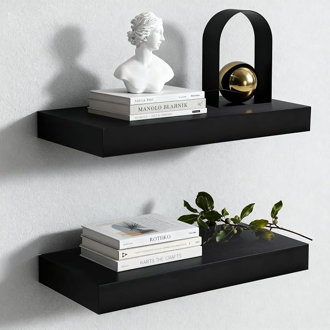 Floating Shelves for Wall,Over The Toilet Storage Cabinet-Set of 2 Black 16 Inch.Wall Shelves for Bathroom,Bedroom,Living Room,Kitchen-Modern Helf Display Organizer&Decor(Black,2pc)