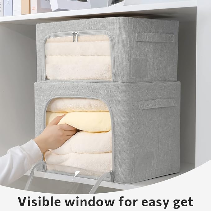 FHSQX 2 Pack Clear Window Storage Bins - Large Stackable Linen Fabric Storage for Clothes Foldable Container Organizer Set with Carrying Handles (Light Gray, 15.7x 11.8x 11.7 Inch)