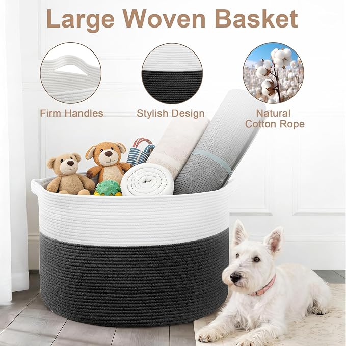 XXXL Large Laundry Basket, 105L Soft Cotton Rope Basket, Blanket Storage and Organizers, Baby Nursery Laundry Hamper, Extra Large Toys Storage Bins for Kids 23.6'' x 14.6'', White & Black