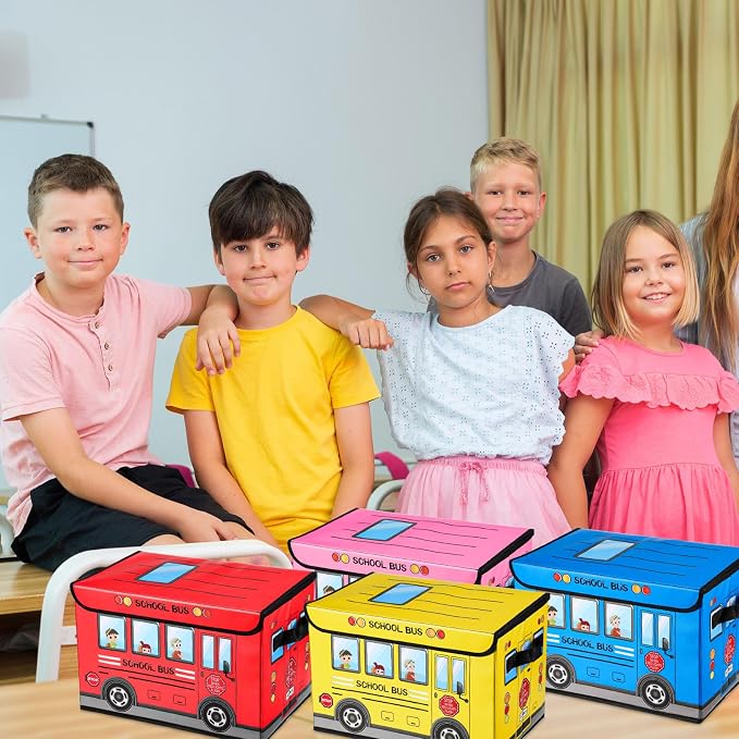 Sweetude 4 Pcs Prize Box for Classroom, School Bus Treasure Box Foldable Chest Storage Box Kids Toy Chest with Lid Treasure Storage Organizer Bin for Teachers Students Awards (Yellow, Pink, Red, Blue)