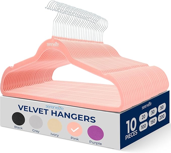 SereneLife Velvet Hangers – 10 Pack, Slim & Space Saving for Closets | Soft velvet grip prevents slipping on silk, satin & knitwear – 360° swivel hook fits all standard closet rods
