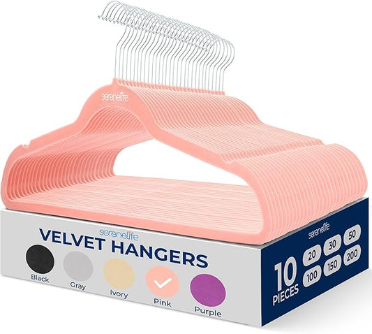 SereneLife Velvet Hangers – 10 Pack, Slim & Space Saving for Closets | Soft velvet grip prevents slipping on silk, satin & knitwear – 360° swivel hook fits all standard closet rods