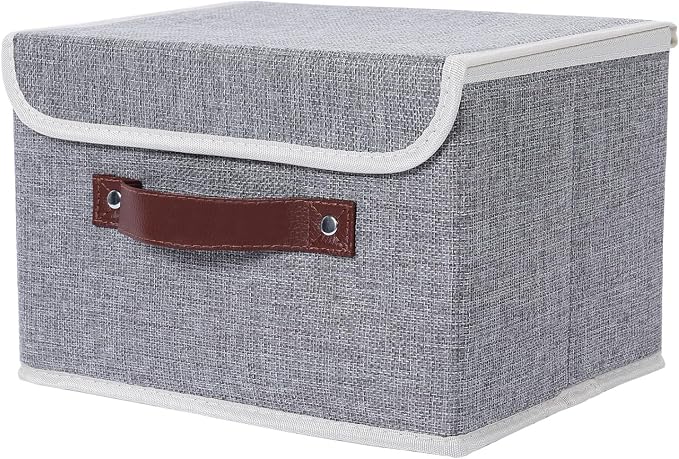 ANMINY Storage Bin with Lid Storage Boxes with PU Leather Handles PP Plastic Board Decorative Foldable Lidded Cotton Linen Fabric Home Cubes Baskets Closet Organizer Container - Gray, Medium