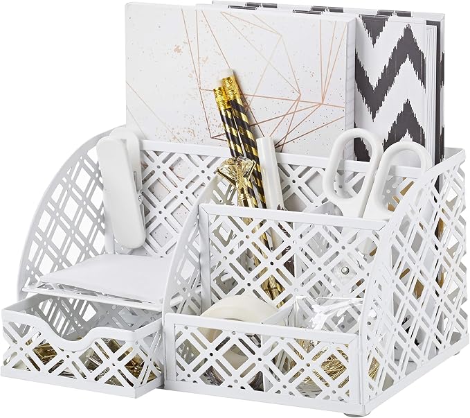 Exerz Desk Organizer White Office Desk Accessories Supplies Office Storage Desktop Pencil Pen Holder with Drawer Home Workspace