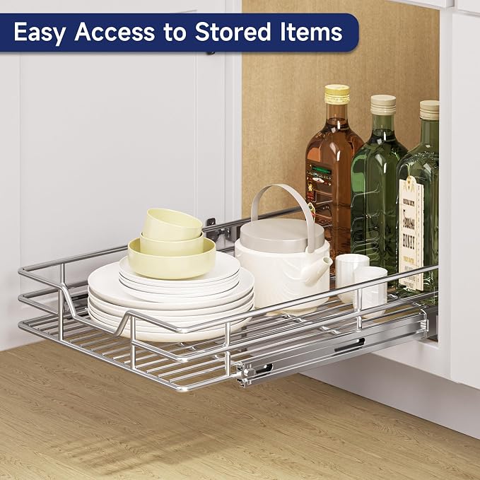 Pull Out Cabinet Organizer, 13.5" W x 21.5" D, Heavy Duty Chrome Slide Out Shelf for Base Cabinets, Sliding Wire Basket Drawer for Pantry Items, Bowls, Containers & Cleaning Supplies