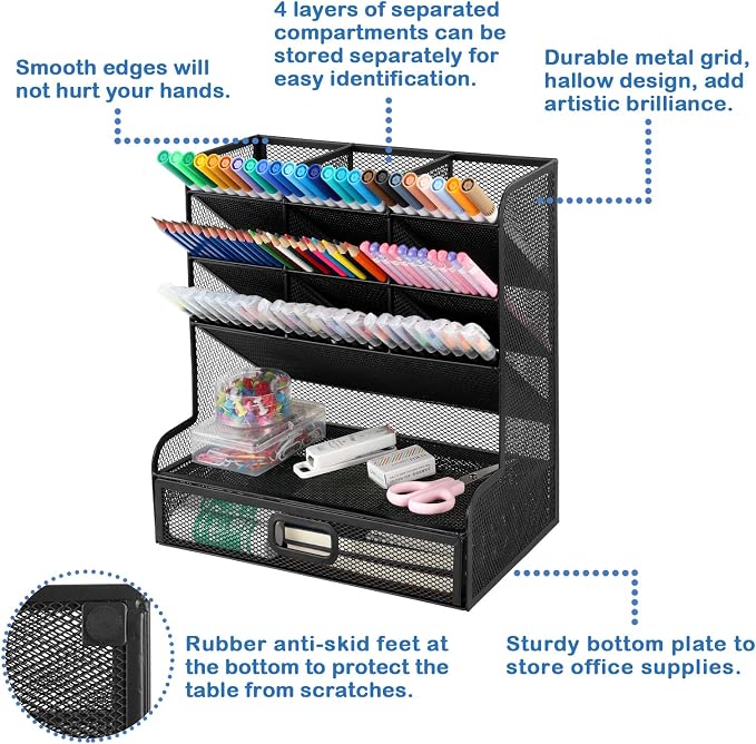 VICNOVA Mesh Desk Organizer, Pen Holder Art Supply Storage Organizer with Drawer Pen Organizer for Desk Desktop Marker Pencil Storage for Office School Home Art Supplies