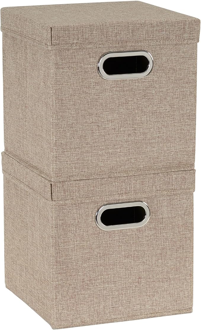 Household Essentials 802-1 Café Cube Bin Storage Set with Lids and Handles | 16 Pack, Brown Linen