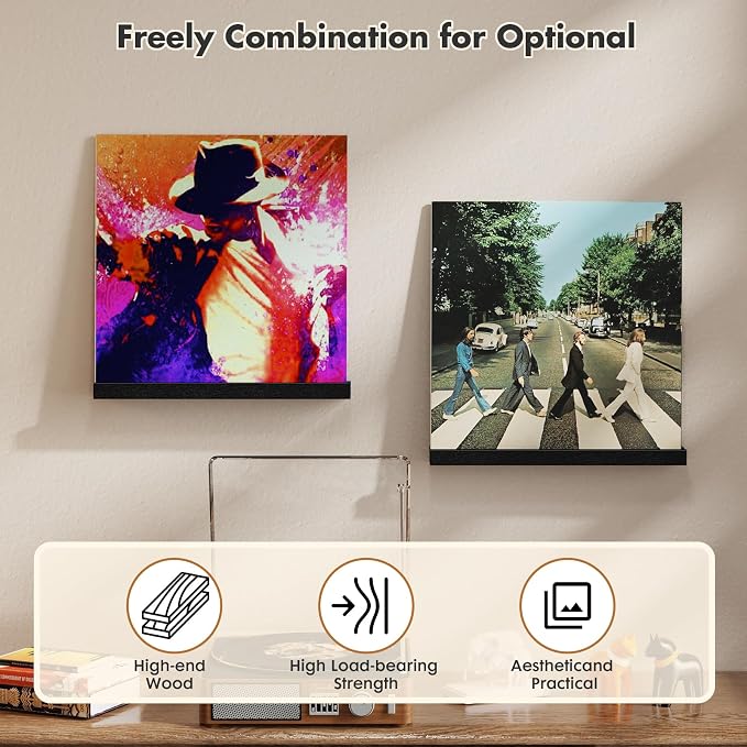 Emfogo Vinyl Record Shelf Wall Mount, 6 Pack Album Record Holder Wall, 12 inch Vinyl Record Storage Shelves Wall, Wood Record Display for Living Room(Black)