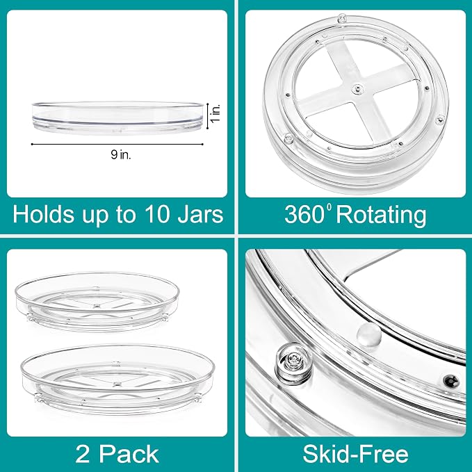 Sorbus 9 Inch Clear Lazy Susan Organizer Set, 2 Flat Turntable Organizer for Spice Organization for Cabinet, One 2 Tier Lazy Susan for Kitchen, Home, Office, Closet, Laundry Room Organization