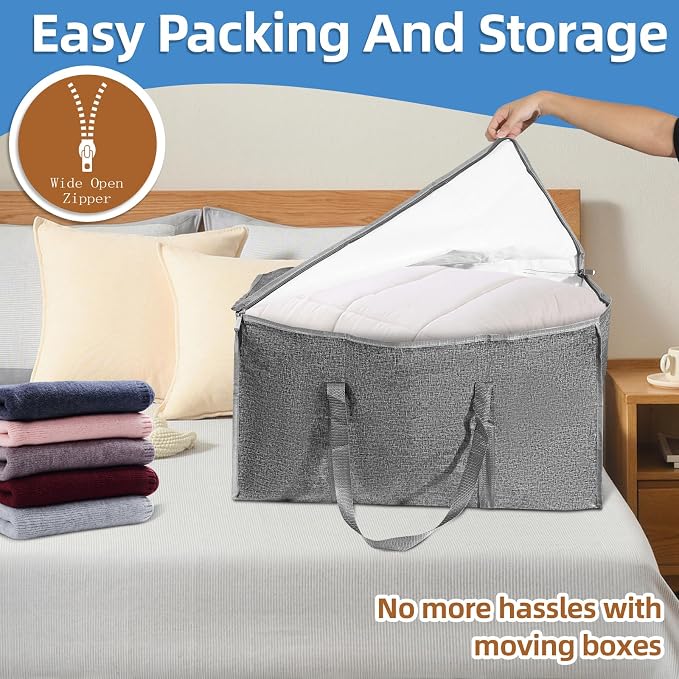 4 Pack-Extra Large Heavy Duty Moving Bags - Waterproof Storage Totes with Handles & Zippers, Foldable for College Dorm, Storage (Gray)
