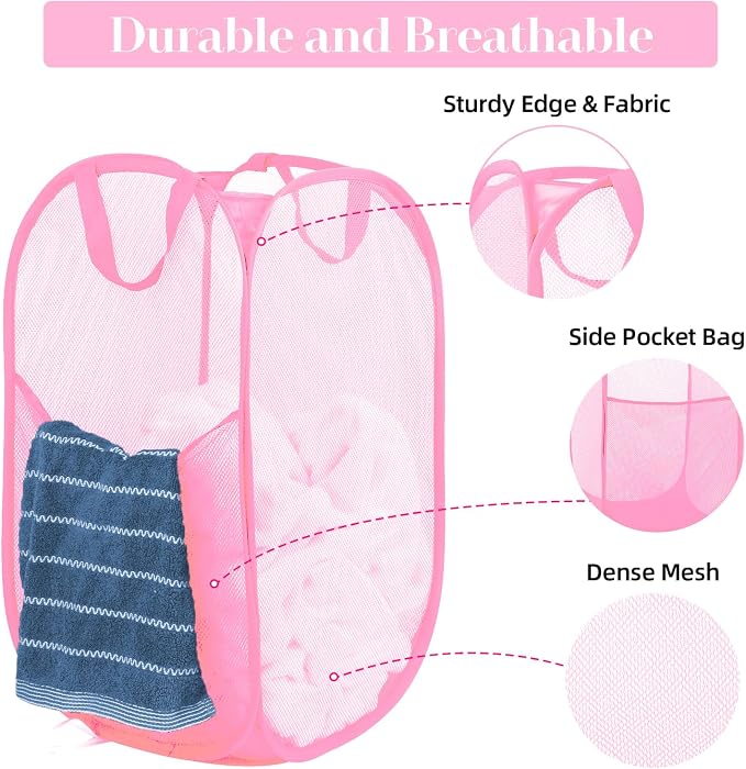 2 Pcs Durable Collapsible Laundry Baskets - Reinforced Mesh Pop Up Laundry Hamper with Pocket, Foldable Dirty Clothes Hamper with Carry Handles for Laundry, Bathroom, Kids Room, Dorm or Travel Pink