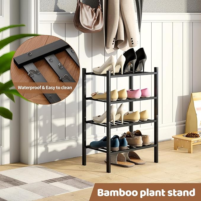 Bamboo Shoe Rack Stackable Shoe Shelf Storage Organizer for Unit Entryway Hallway and Closet Sturdy Freestanding Small Shoe Shelf(4S Tier Black)