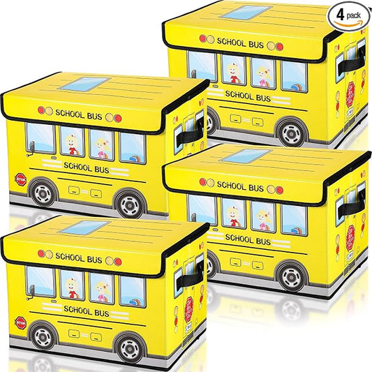 Sweetude 4 Pcs Prize Box for Classroom, School Bus Treasure Chest With Lid, Foldable Storage Organizer Bin for Kids, Teachers, Students - Toy Awards