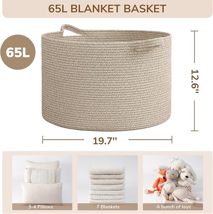 INDRESSME Large Blanket Basket Woven Cotton Rope Basket 65L with Handles, Toy Storage Basket for Living Room Bedroom Nursery, Laundry Hamper for Clothes Towels, Wicker Blanket Home Décor Brown