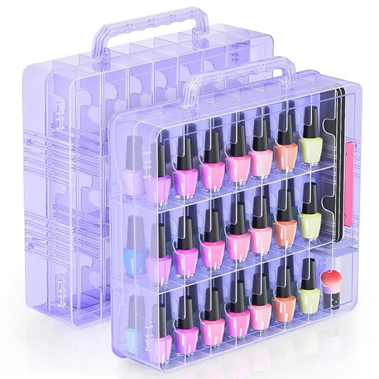 Beloving 2pcs Nail Polish Organizer, Portable 48 Bottles Clear Nail Polish Holder with Adjustable Divider, Gel Nail Polish Storage Double Side Nail Polish Organizer Case for Nail Tech Purple