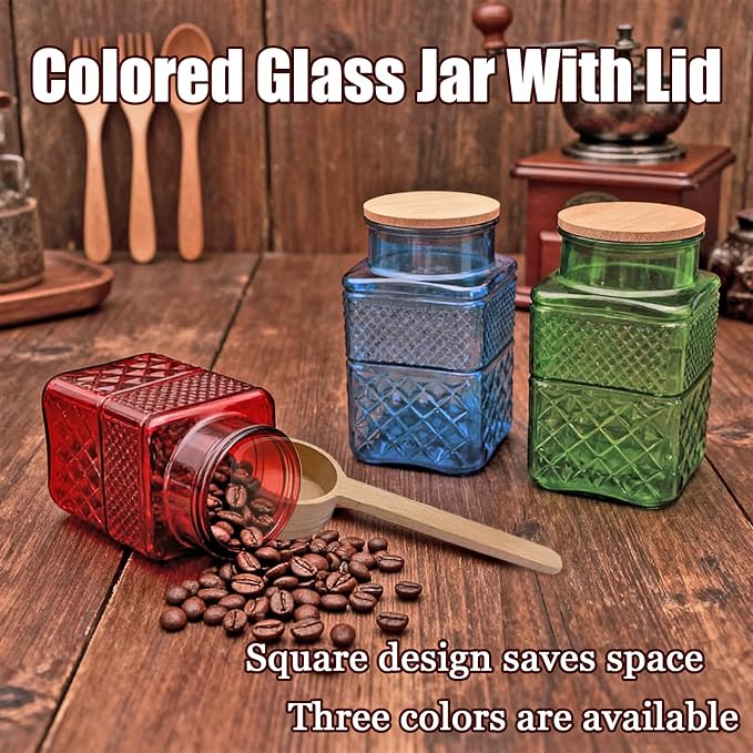 Coriario 60oz Vintage Glass Jar with Airtight Lid and Wood Spoon Blue Square Glass Storage Canisters Jars for Food Candy Flour Sugar Cookie Coffee Tea Decorative Vase