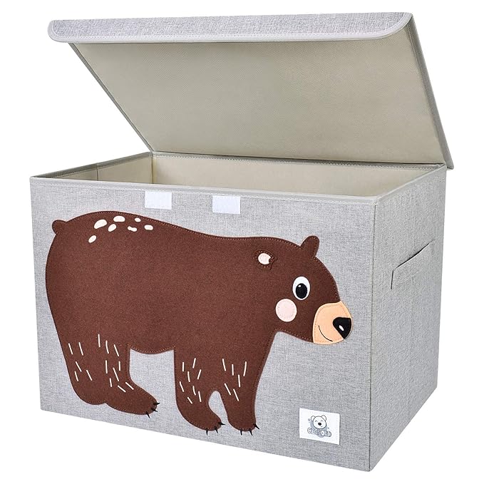 Foldable Large Kids Toy Chest with Flip-Top Lid, Collapsible Fabric Animal Toy Storage Organizer/Bin/Box/Basket/Trunk for Toddler, Children and Baby Nursery (Bear)
