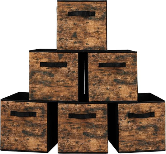 Stero Fabric Storage Cubes, 6 Pack Foldable Storage Bins with Handle, 11 Inch Box for Shelves, Closet, Organizer, Rustic Brown and Black