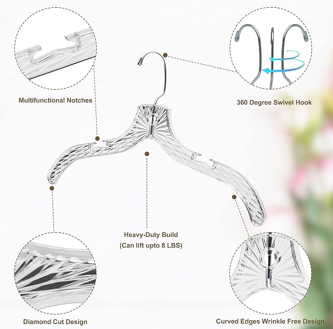 Quality Clear Plastic Hangers 12 Pack - Durable Crystal Cut Heavy Duty Hangers for Clothes, Shirts, Suits, Coats, Dresses
