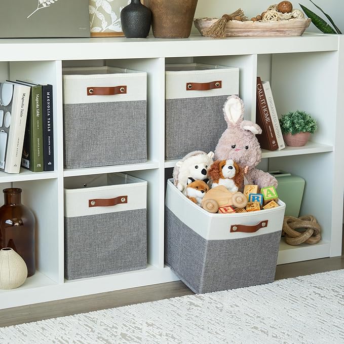OrganiHaus 11x11 Cube Storage Bins, Set of 4 - Fabric Storage Cubes | Sturdy, holds its shape; odor-free; fits ClosetMaid 11-inch shelves; vegan leather handles