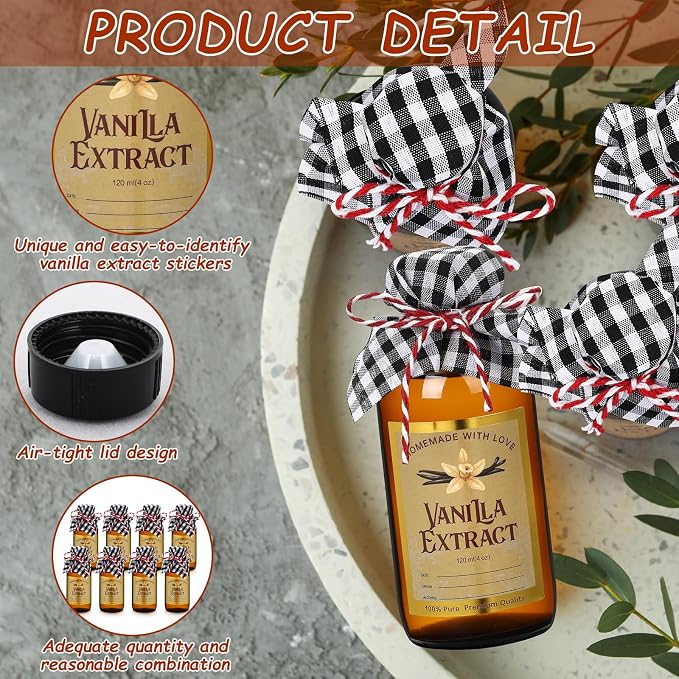Uiifan 8 Pcs Glass Bottles Jars for Vanilla Extract 4 oz Amber Glass Jars with Caps Boston Round Bottles with Vanilla Extract Labels Stickers for Syrup Gift Food Storage Canister Set Sauce Beans