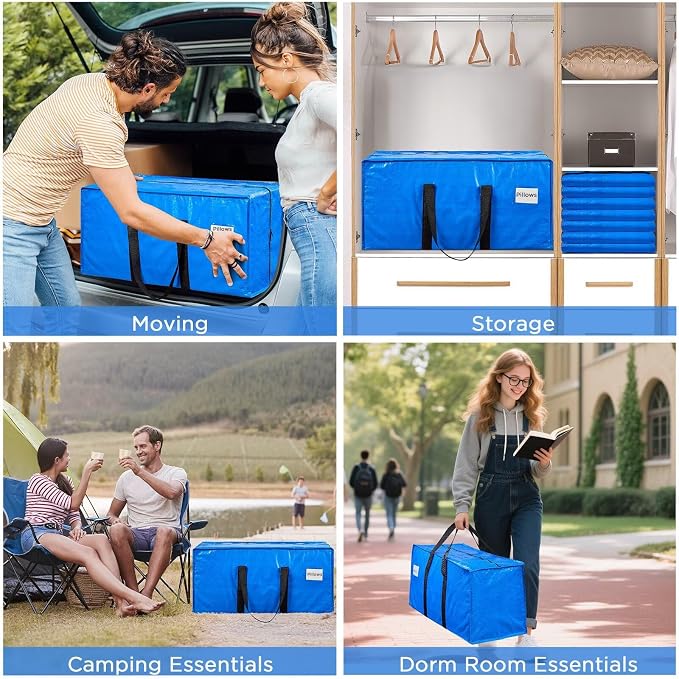BETU 4 Pack Moving Bags Moving Storage College Dorm Camping Packing Travel PE Heavy Duty, Sturdy Handle, Zipper Large Storage Tote Bag Moving Boxes Box Alternative - Blue 29L x 14W x 13H