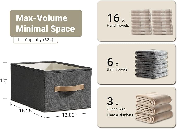 LayerSpace 3 Pack Fabric Storage Bins for Shelves | 16.25x12x10in Closet | Collapsible Bins for Organization | Linen Clothes Storage Bins | Black