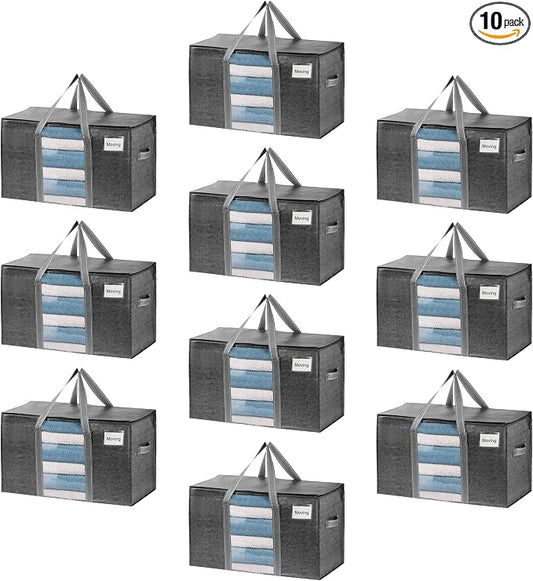 VENO 10 Pack Moving Bags with Clear Window, Heavy Duty Storage Bins with Lid, Around Handles, Tag, Zippers, Extra Large Totes Packing Moving Boxes Supplies for College Dorm Clothes (Dark Gray)