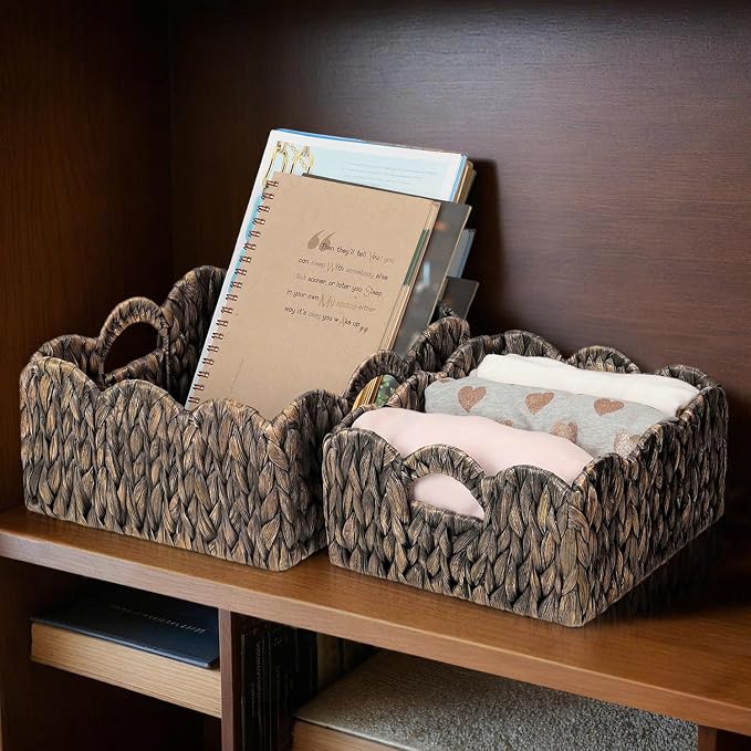 Scalloped Baskets (Natural-Set of 2) Basket Living Room Organizer, Water Hyacinth Baskets For Decor, Woven Basket Boho Style for Bathroom, Bedroom, Laundr,...Iron Frame.