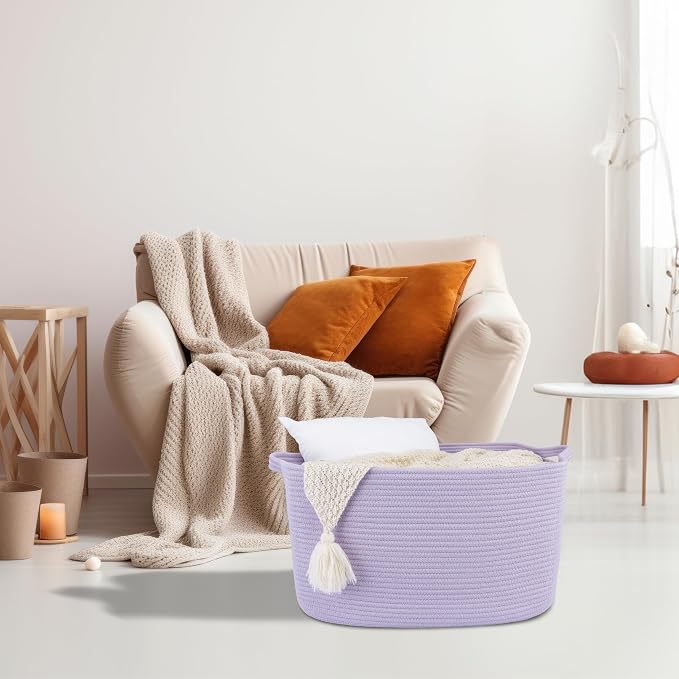 XUANGUO Large Rectangle Blankets Basket Living Room 22"x17"x12" Woven Cotton Rope Storage Baskets for Nursery Toy Basket for Kids Wicker Laundry Baskets Bin for Clothes Towels purple or Lavendor
