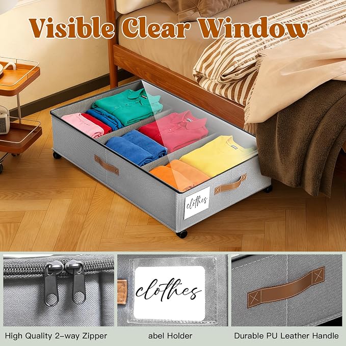 Under Bed Storage with Wheels, Rolling Under Bed Storage Containers with Clear Lid and Handles for Clothes, Shoes, Blankets, Pillows, Toys, Books, Bags (60L, 30.9 x 16.9 x 6.7in, Grey, 2 Pack)