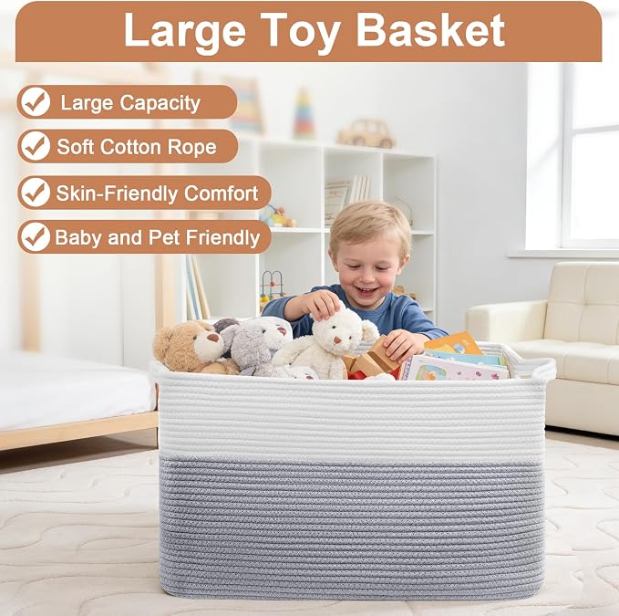 105L XXXL Large Blanket Basket, Rectangular Cotton Rope Basket, Laundry Hamper for Blankets, Pillows, Extra Large Toys Storage Bins for Kids, Dogs 25" x 16" x 16", White & Gray