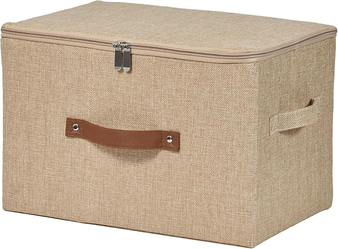 Storage Bins with Zipper Lid Cotton Linen Fabric Lidded Storage Baskets Boxes Foldable Washable Closet Shelf Clothes Organizer Container with PU Leather Handles (Linen, Large)
