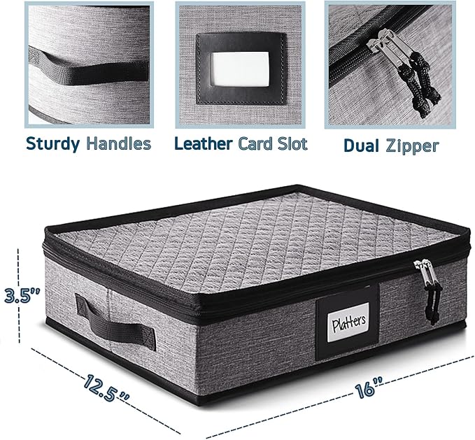 Platter Storage Case, Fine China Storage Containers Hard Shell, Quilted and Stackable 16”x 12.5”x 3.5” Platter Storage Container with Zipper, Handles and Felt Dividers for Moving and Seasonal Storage