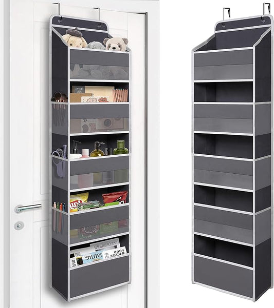 TYMENSH Gray Over Door Organizer with 5 Large Clear Pockets and 6 Side Mesh Pockets, Anti-Tilt Hanging Door Storage for Closet, Bathroom, Bedroom, Dorm, Nursery, Toys