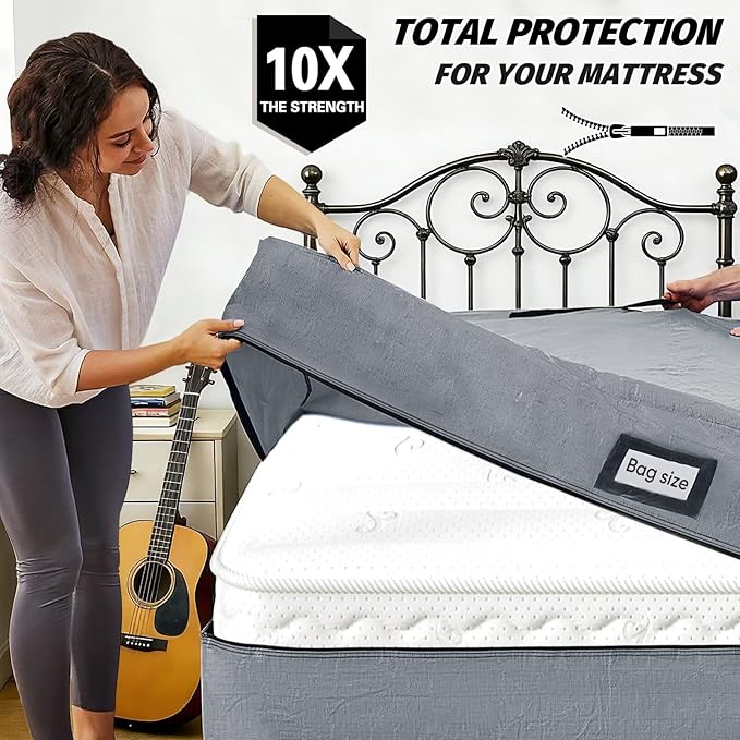Mattress Bags for Moving and Storage, BETU Waterproof Mattress Protector Twin XL Mattress Cover with 8 Heavy Duty Handles and Zipper Extra Thick Moving Supplies for Dorm (2 Pack:82x42x13.5 Grey)