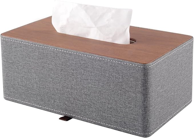 Tissue Box Cover Rectangle Tissue Box Holder PU Leather Facial Organizer with Magnetic Bottom,Decorative Napkin Caddy for Vanity Dresser Night Stand Table Countertop Home Office Car,Grey