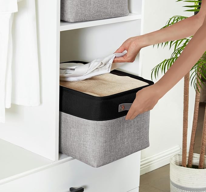 DECOMOMO Storage Bins, Extra Large Fabric Storage Baskets for Shelves, Decorative Linen Closet Organizer, 15.8 x 12.5 x 10 inches (Grey & Black, 3 Pack)