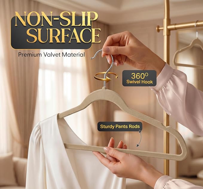 Beddora Velvet Hangers 50-Pack,Beige Non-Slip Slim Space-Saving Closet Organizer, Suit & Coat Hangers, Heavy-Duty, 360° Swivel Hook