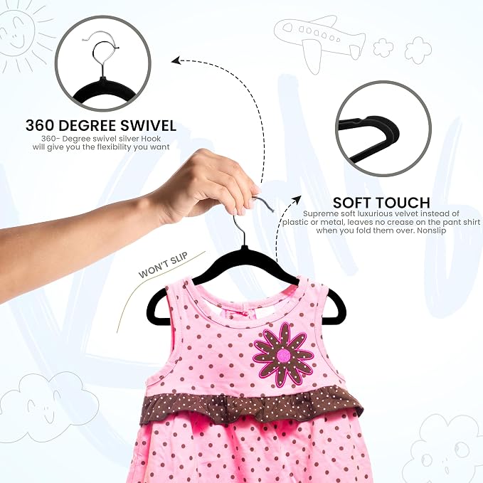 Utopia Home Kids Velvet Hanger 20 Pack – 11" Premium Baby Hangers - Black | Premium Non-Slip Baby Hangers for Baby and Toddlers, Durable Ultra-Slim Space-Saving Closet Organizers