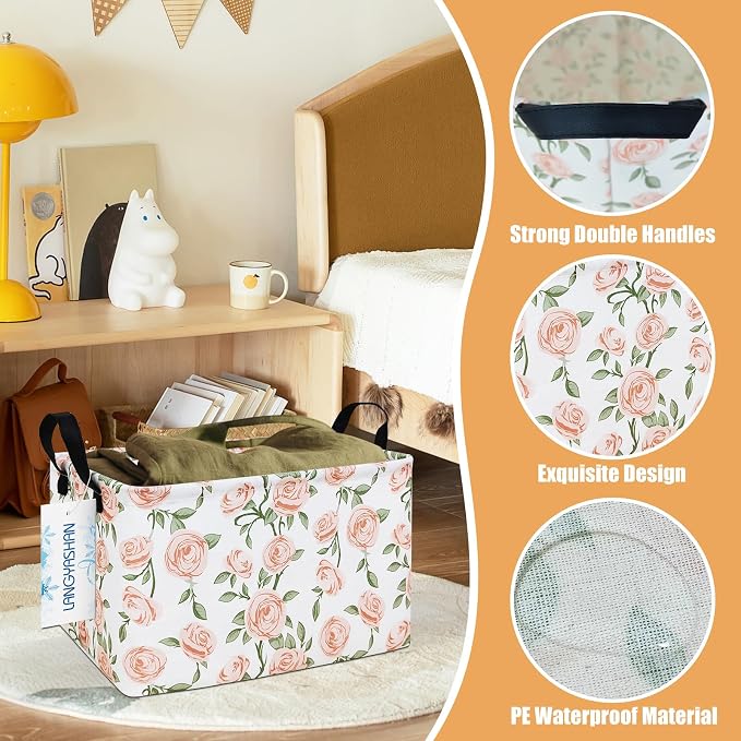 Rectangular Collapsible Champagne Rose Storage Basket Nursery Organizer | Storage Bin Foldable Canvas with Handles for Organizing Home Kitchen Children Toys Office Closet Shelf Baskets