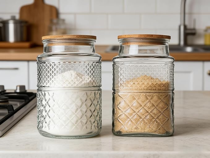 Large Glass Storage Jar, 2 Pack 60 FL OZ Glass Food Storage Containers with Bamboo Lid, Kitchen Laundry Room Organization Jar for Cookies Coffee Flour Sugar Laundry Pods Detergent Airtight Glass Jars