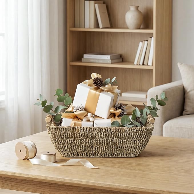 StorageWorks Hand-Woven Large Storage Baskets with Wooden Handles, Seagrass Wicker Baskets for Organizing, 2-Pack
