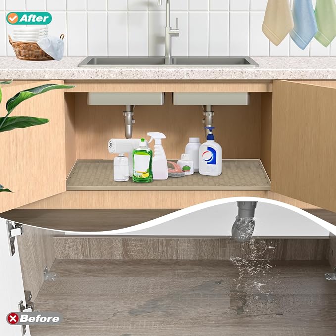 Waterproof Under Sink Mat 31" x 22", Silicone Cabinet Liner, Rubber Protector for Kitchen and Bathroom, Keeps Cabinets Clean, Dry, and Organized (Brown)