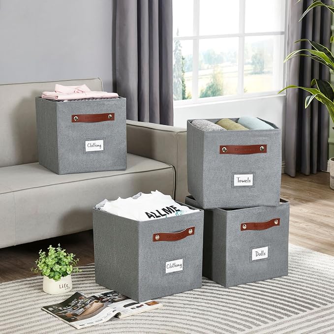 DECOMOMO Storage Bins, Cube Storage Bin with Labels | 10.5" x 11" Fabric Storage Cubes for Shelves (6pcs, Texture Grey)
