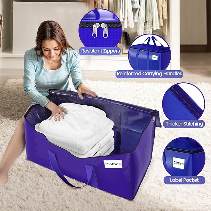 FabSpace Moving Storage Bags, Moving Supplies Packing Boxes for Moving, Camping, College Dorm Room Essentials for Girls, Blue Tote Bags, Heavy-Duty Storage Bins With Lids And Zippers, 93L 4 Pack