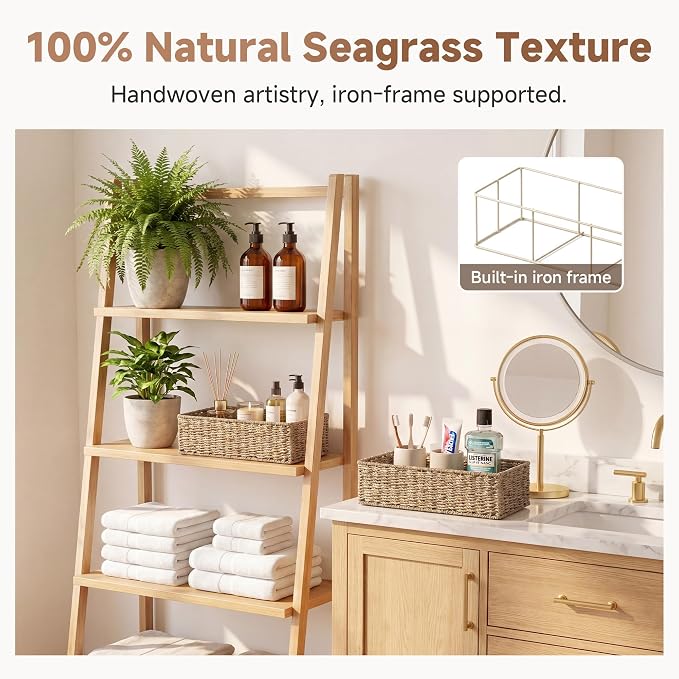 StorageWorks Toilet Tank Basket for Bathroom, Seagrass Storage Baskets for Toilet Tank Top, 2-Pack